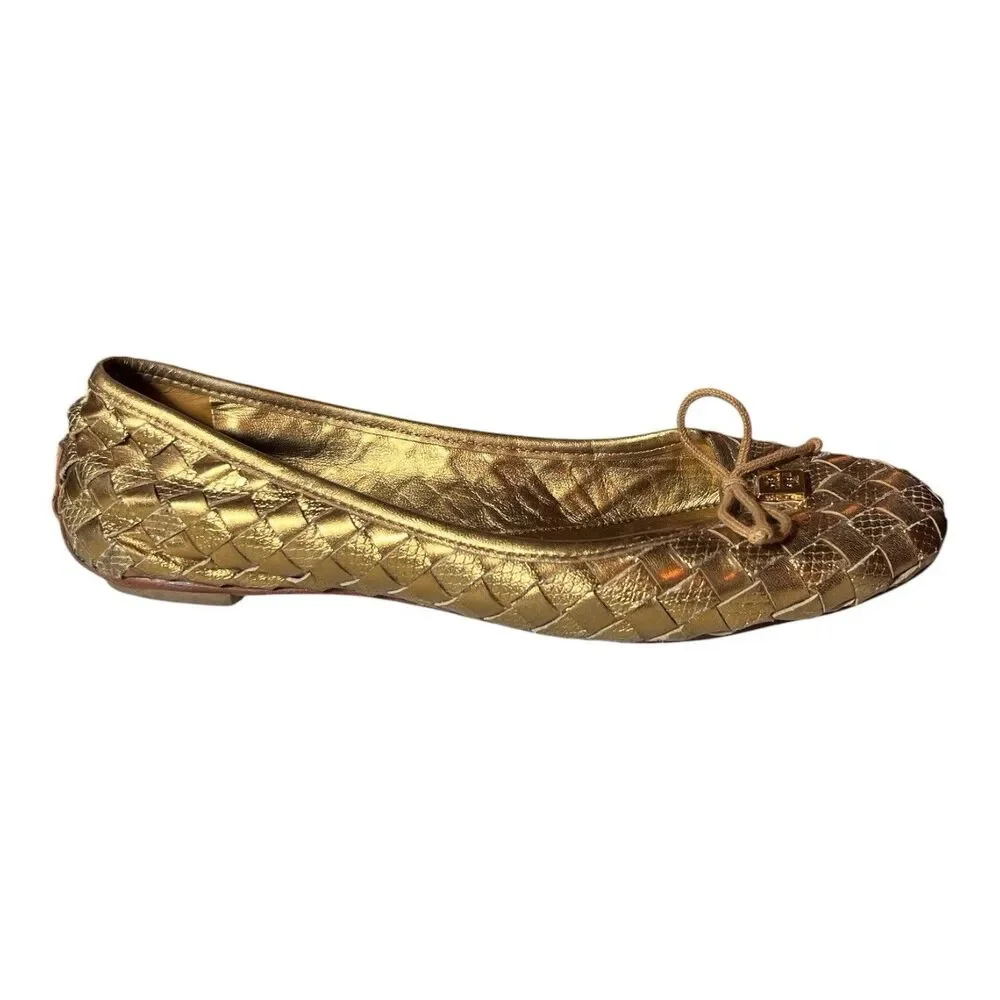 Tory Burch Prescot Womens Ballet Flats Gold Woven Leather Metallic Size 8.5 M